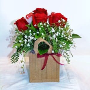 Hessian Bag with 6 red Roses